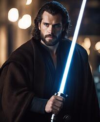 henry cavill with beard and long hair as a jedi knight with light saber(1)