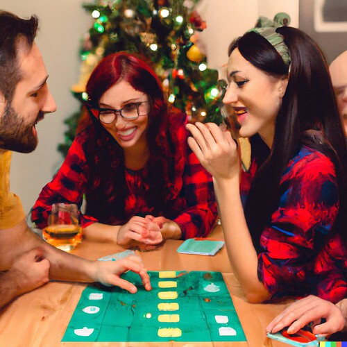 DALL·E 2022-12-27 20.32.04 - Two couples play a modern board game at new year's eve