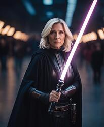 torso of marine lepen as a jedi knight with light saber