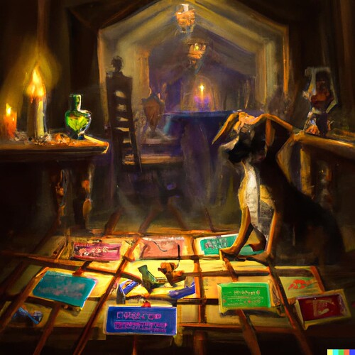 DALL·E 2023-01-02 12.45.56 - A painting of a dog trying to understand boardgame rules in adark covent full of boardgame lighted by candle and full of spider webs