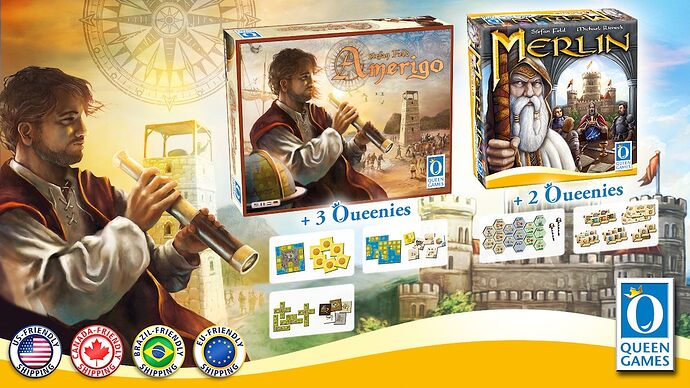 Merlin, Amerigo et Immortals - Préco Queen Games - Jeux financés - cwo