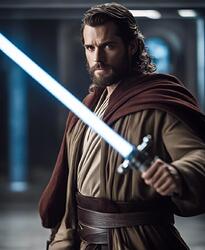 henry cavill with beard and long hair as a jedi knight with light saber