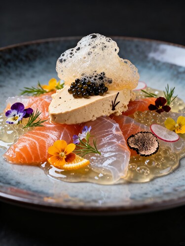 Saumon gravlax et foie gras mousseux, dressage chef étoilé Michelin, o